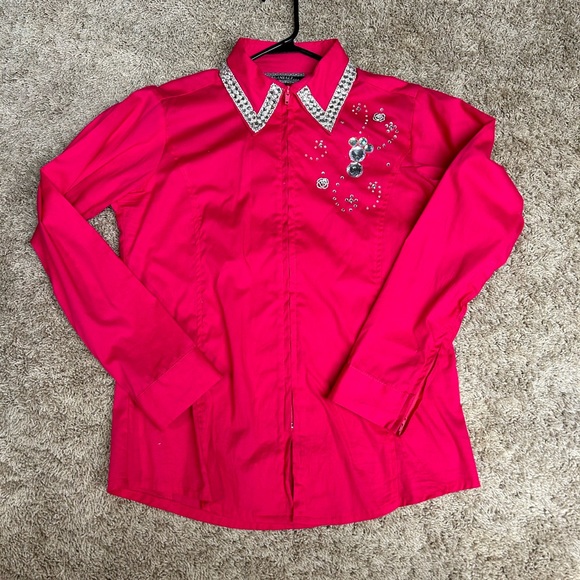 Hot pink Show Shirt with rhinestones on collar and shoulder Size medium - Picture 1 of 4